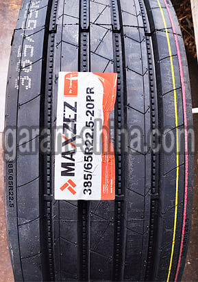 Maxzez MF156 (рулевая) 385/65 R22.5 160K 20PR - Фото протектора с этикеткой детально